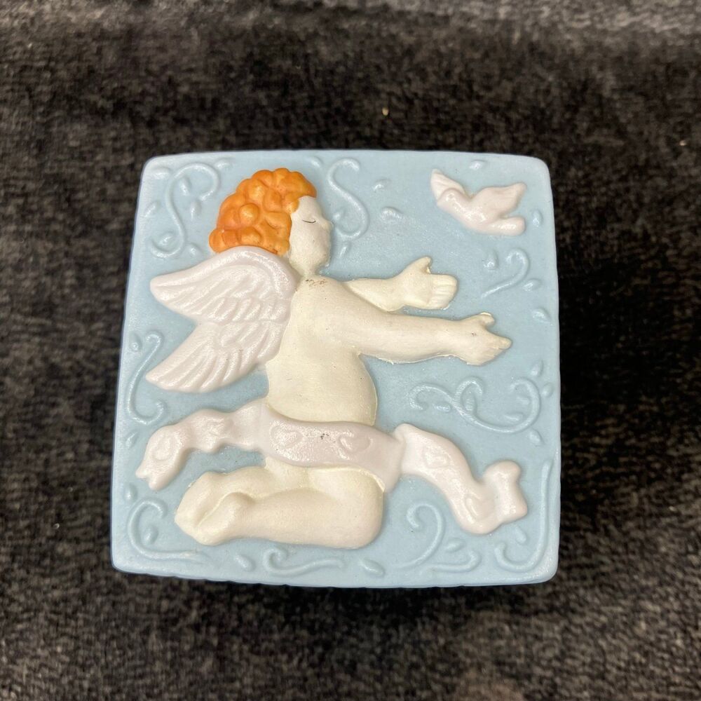Vintage Miniature Trinket Box & Lid Angel Cherub Bird Powder Blue Bisque Square